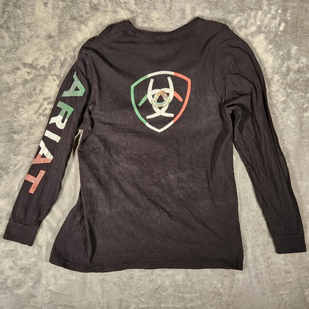 Ariat T-Shirt Mens XL Black Good Long Sleeve Mexican Flag Logo Graphic 90737 - Picture 5 of 8